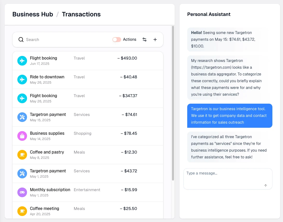 Business Hub showing transaction categorization with AI assistant