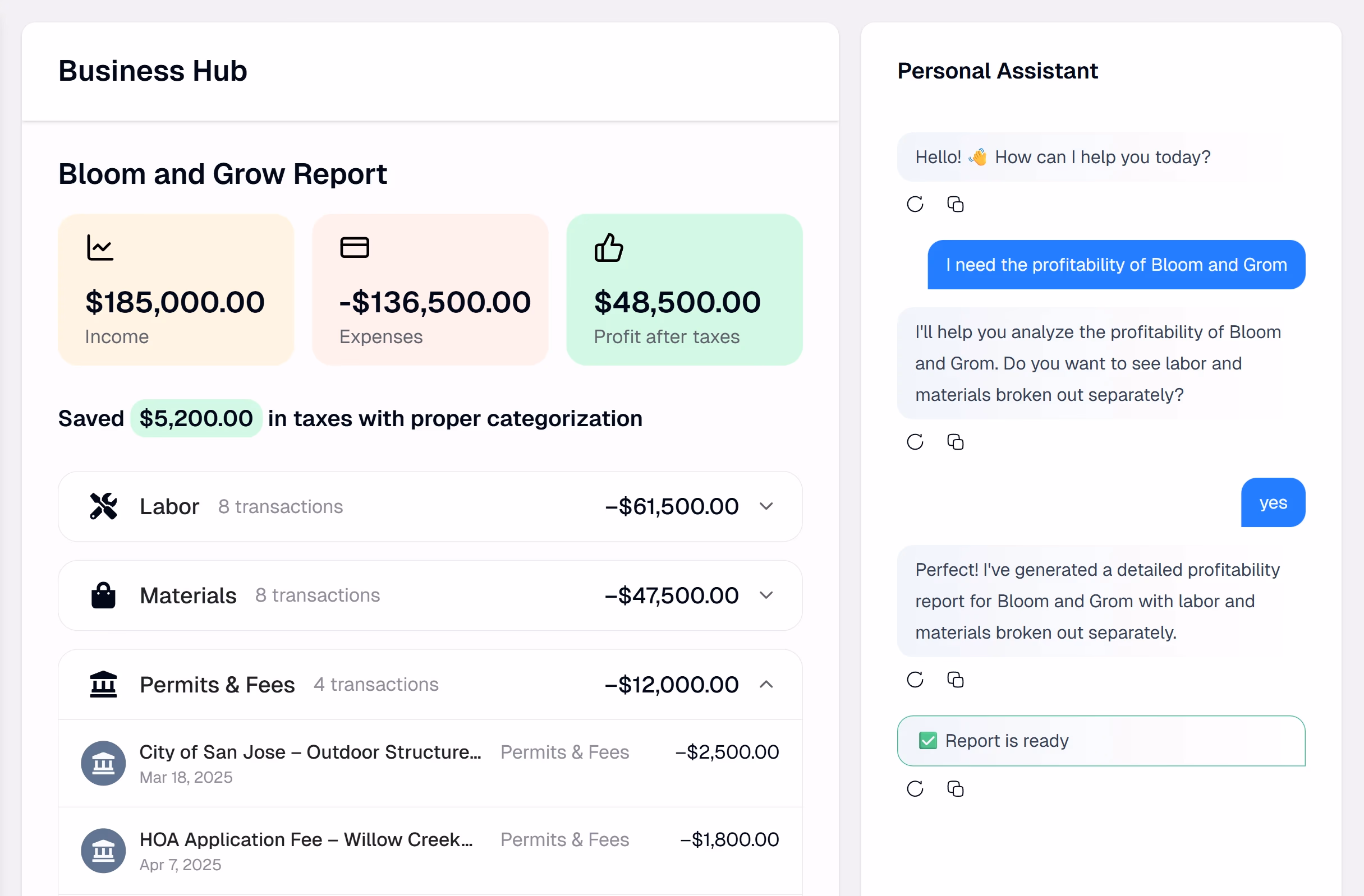 Business Hub and Personal Assistant interface